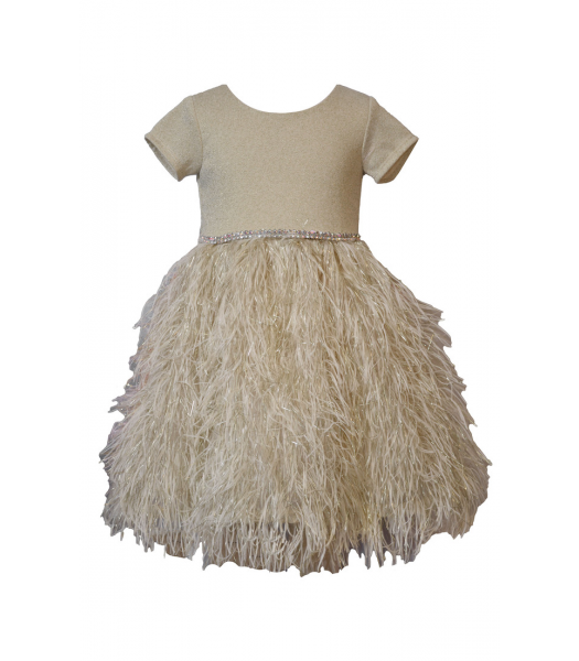 Bonnie Jean Sleeved Ivory Metallic Knit to Lurex Jacquard Sparkling Waist Trim Faux Feather Party Dress
